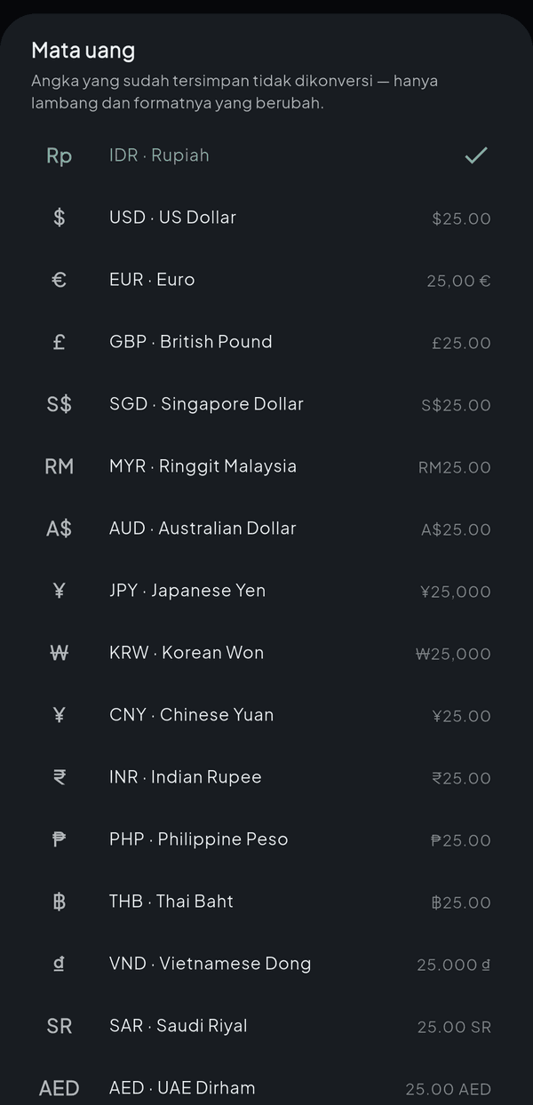 Lembar pilihan mata uang: Rupiah terpilih, diikuti US Dollar, Euro, British Pound, Singapore Dollar, Ringgit, Australian Dollar, Yen, Won, Yuan, Rupee, Peso, Baht, Dong, Riyal, Dirham.