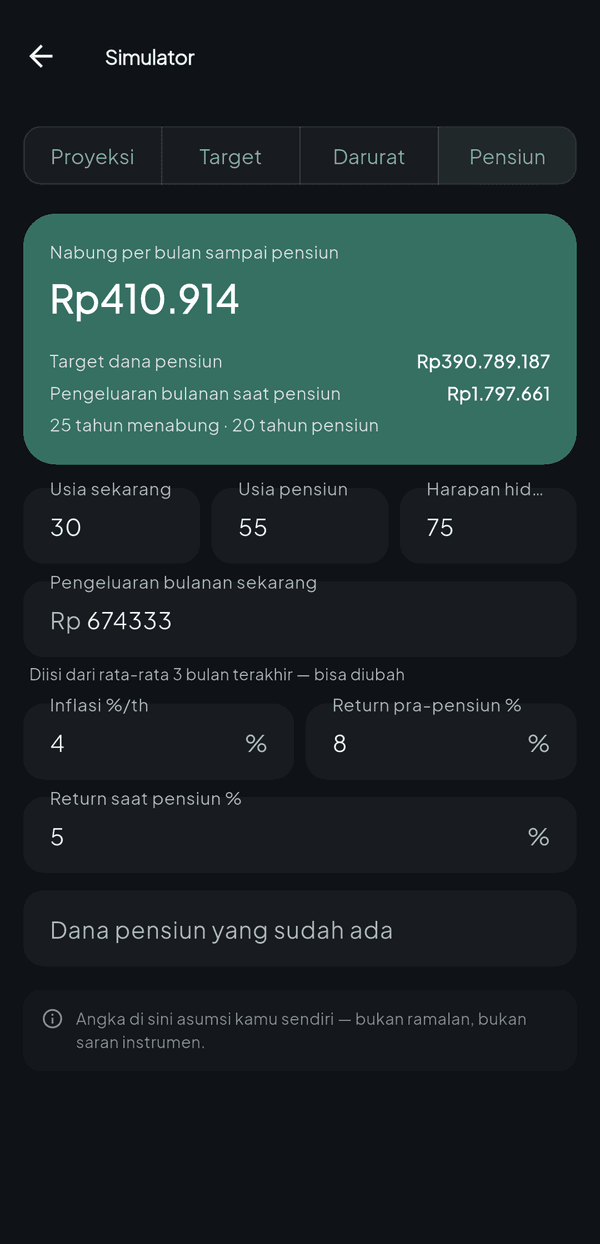 Layar Simulator mode Pensiun: nabung Rp410.914 per bulan sampai pensiun, target dana Rp390 juta dari pengeluaran bulanan Rp674.333, usia 30 sampai 55.