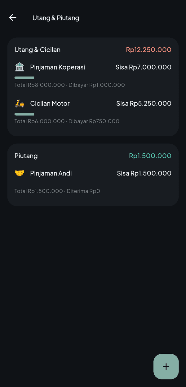 Layar Utang & Piutang: Pinjaman Koperasi sisa Rp7 juta dari Rp8 juta, Cicilan Motor sisa Rp5,25 juta, dan piutang Pinjaman Andi Rp1,5 juta.